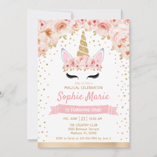 Invitation Unicorne 1er anniversaire - Rose or (Devant)