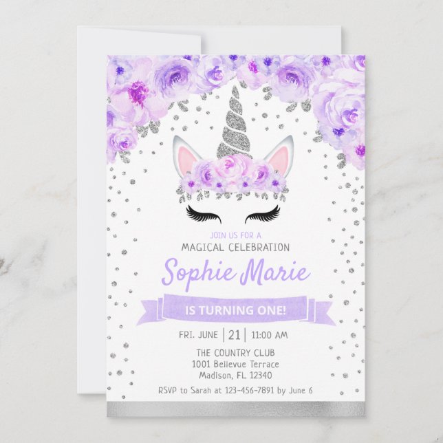 Invitation Unicorne 1er anniversaire - Silver Purple (Devant)
