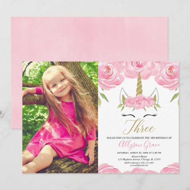 Invitation Unicorne 3e anniversaire rose or photo (Devant / Derrière)