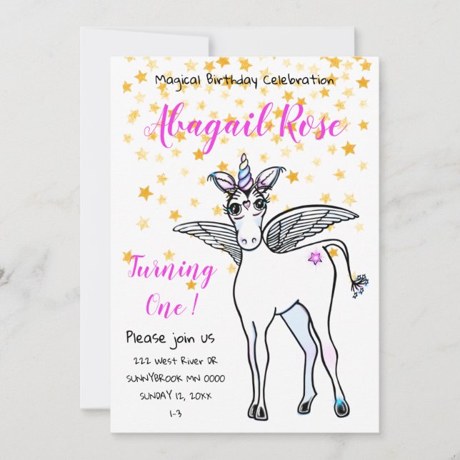 Invitation Unicorne à ailes magiques aux accents d'étoiles do (Devant)