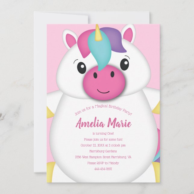 Invitation Unicorne Anniversaire fête rose (Devant)