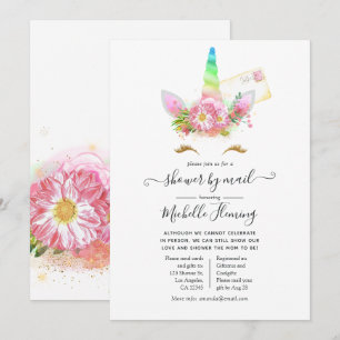 Invitation Unicorne arc-en-ciel rose par courrier