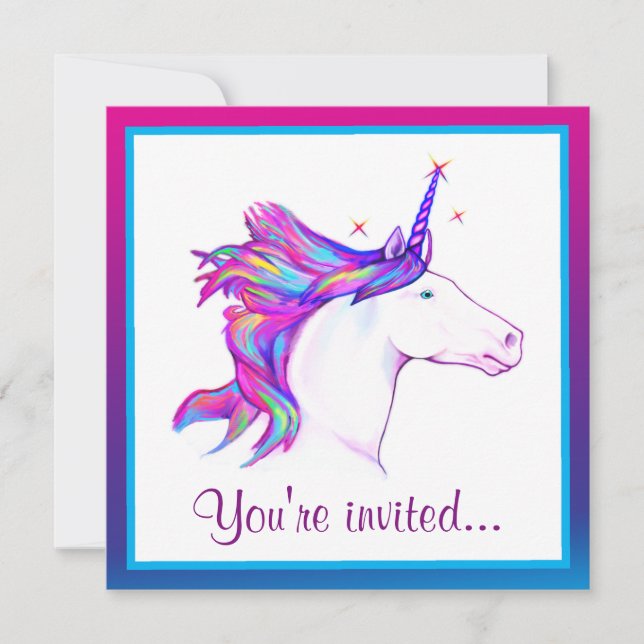 Invitation Unicorne avec Rainbow Mane Joyeux anniversaire (Devant)