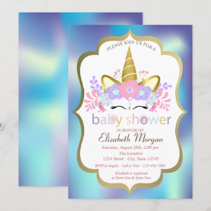 Invitation Unicorne, Baby shower Holographique bleu Invitatio