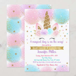 Invitation Unicorne Baby shower rose or arc-en-ciel