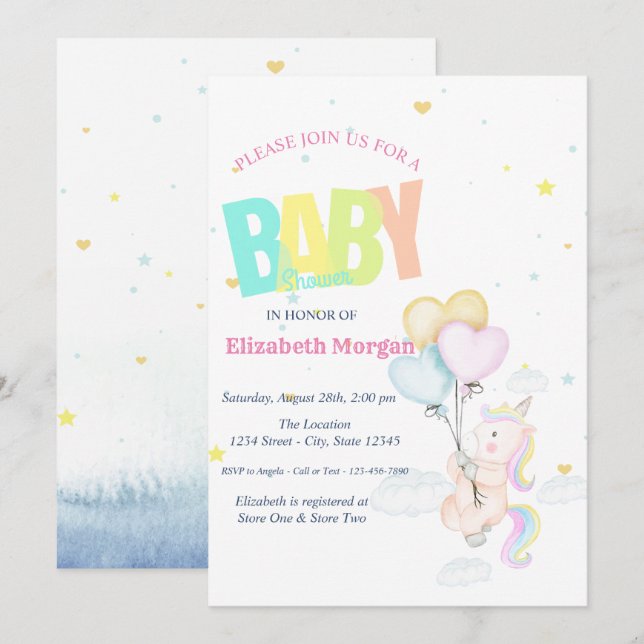 Invitation Unicorne, Ballons, Baby shower des étoiles (Devant / Derrière)