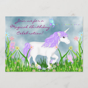 Invitation Unicorne blanche et violette avec papillons Annive