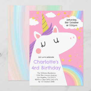 Invitation Unicorne colorée et Rainbows fête d'anniversaire