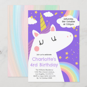 Invitation Unicorne colorée et Rainbows fête d'anniversaire