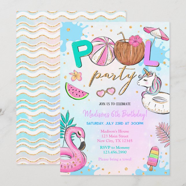 Invitation Unicorne de la partie de pool (Devant / Derrière)