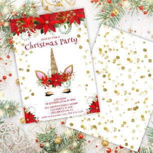 Invitation Unicorne de Noël Poinsettia avec Font Rouge