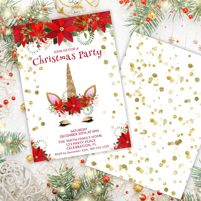 Invitation Unicorne de Noël Poinsettia avec Font Rouge (Créateur téléchargé)