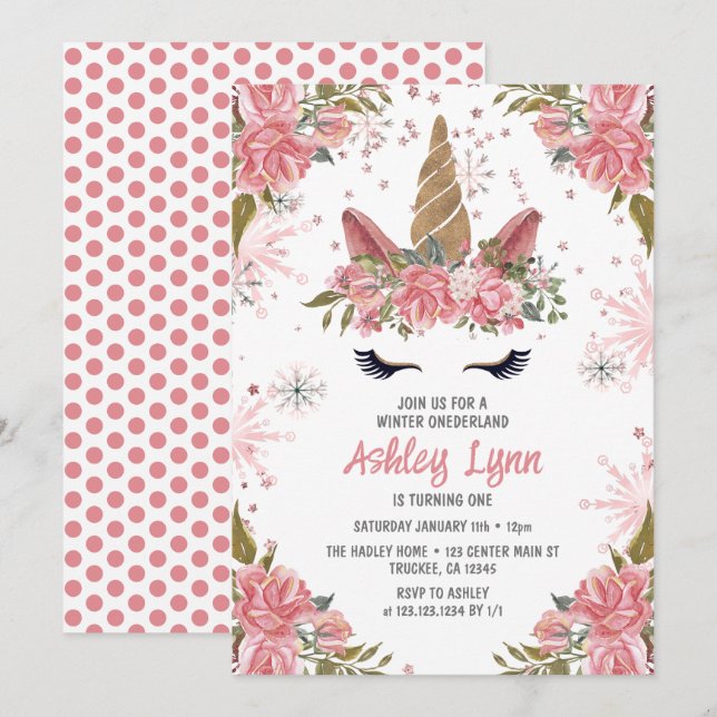 Invitation Unicorne d'hiver 1er Anniversaire rose pâle (Devant / Derrière)