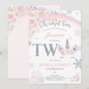 Invitation Unicorne d'hiver 2e anniversaire Pink & Silver Uni