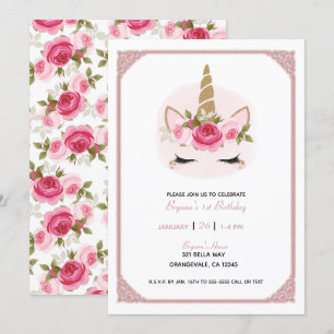 Invitation Unicorne d'or et rose Floral Rose fête d'anniversa