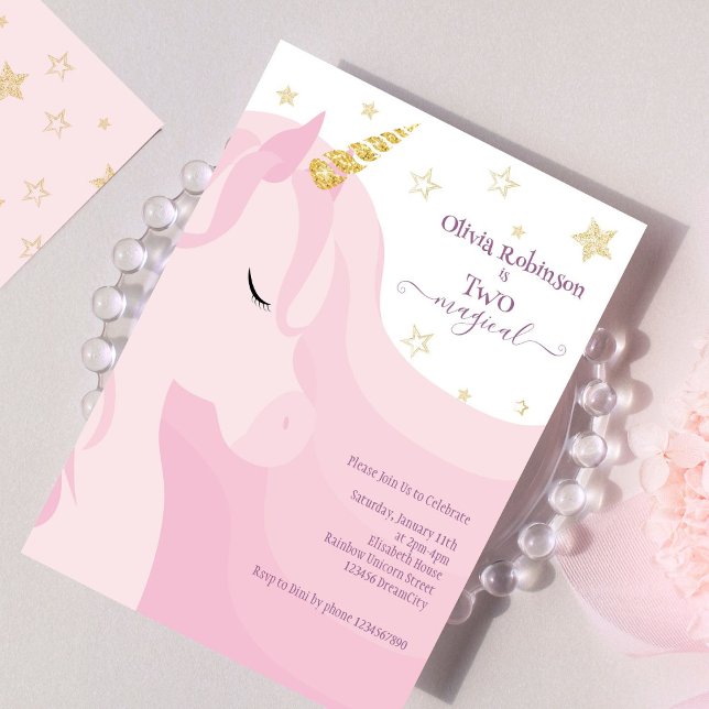 Invitation Unicorne d'or rose magique 2e anniversaire (Créateur téléchargé)