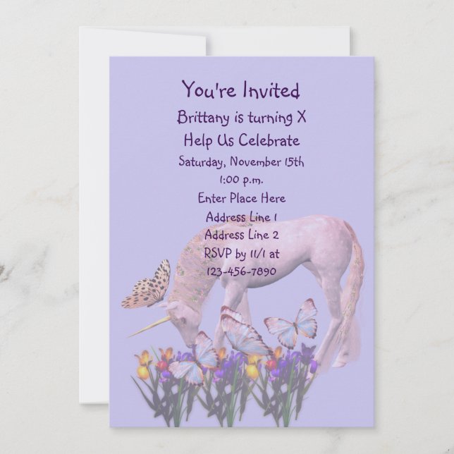 Invitation Unicorne Et Papillons Fête Anniversaire (Devant)