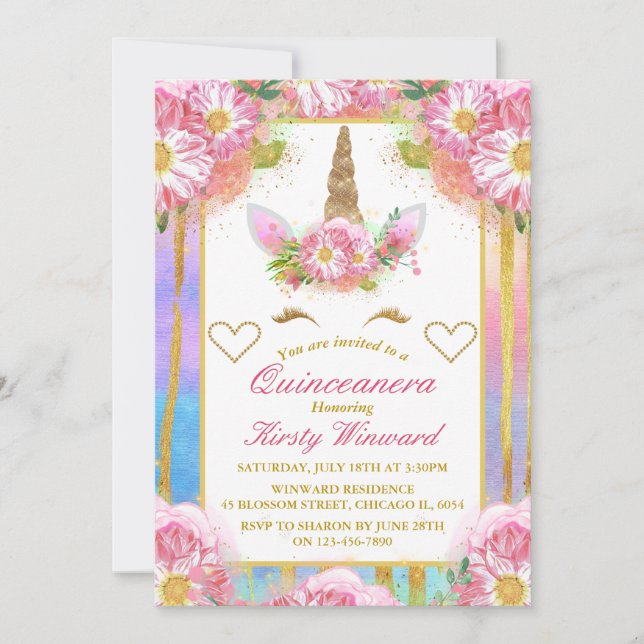 Invitation Unicorne face rose or Quinceañera (Devant)
