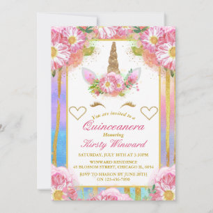 Invitation Unicorne face rose or Quinceañera