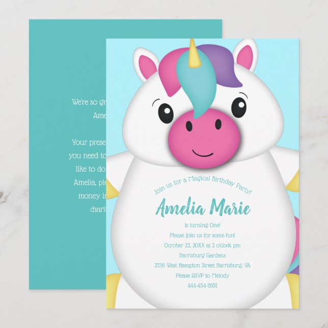 Invitation Unicorne fête d'anniversaire (Devant / Derrière)