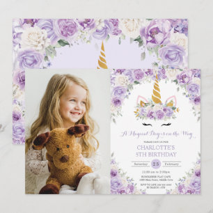 Invitation Unicorne Florale Blanche Violet 5e 7e anniversaire
