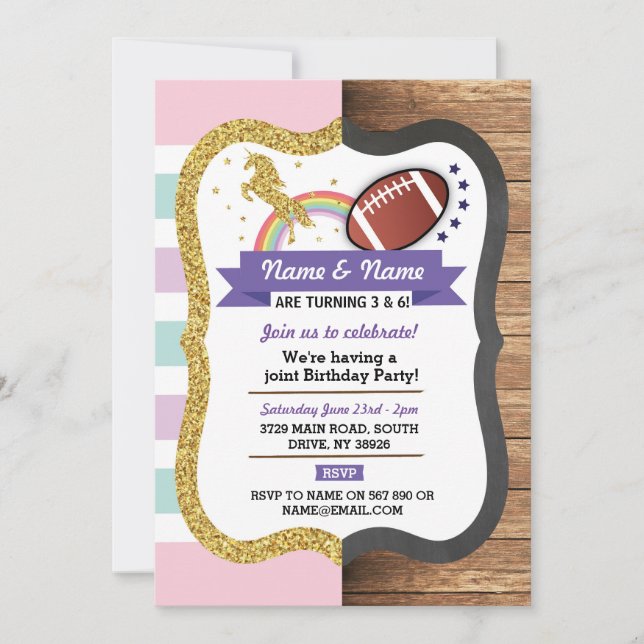Invitation Unicorne & Football américain Sports d'anniversair (Devant)