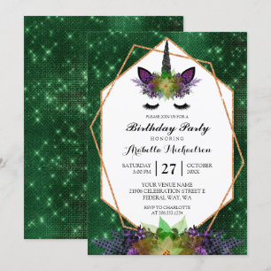 Invitation Unicorne Halloween Floral Green Sparkday