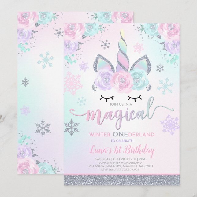Invitation Unicorne Hiver ONE derland Party (Devant / Derrière)