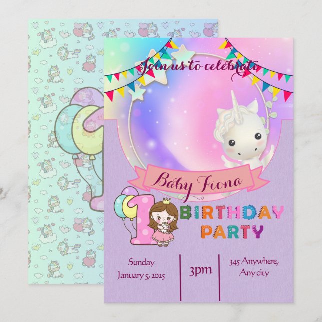 Invitation Unicorne magique - 1er anniversaire de fête Invita (Devant / Derrière)