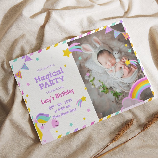Invitation Unicorne magique colorée avec photo (Capture the joy of your special day with our charming Hand-drawn Emoji Photo Birthday Party Invitati)