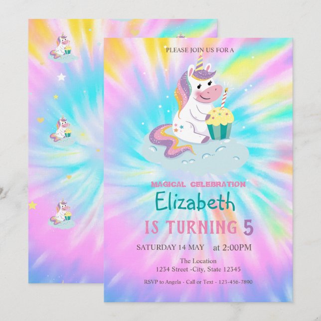 Invitation Unicorne magique Rainbow Tie Dye Anniversaire (Devant / Derrière)