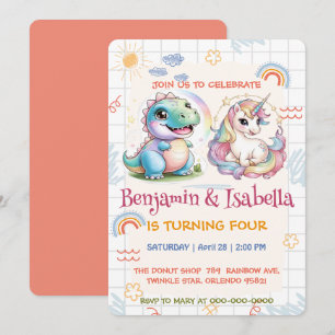 Invitation Unicorne mignonne Dinosaur amis arc-en-ciel Annive
