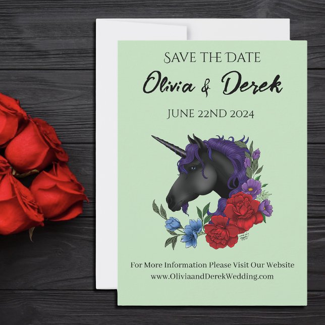 Invitation Unicorne noire violet Fleurs de Sage Rouge (Créateur téléchargé)