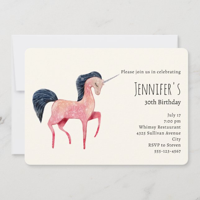 Invitation Unicorne nordique rose avec Black Mane Anniversair (Devant)