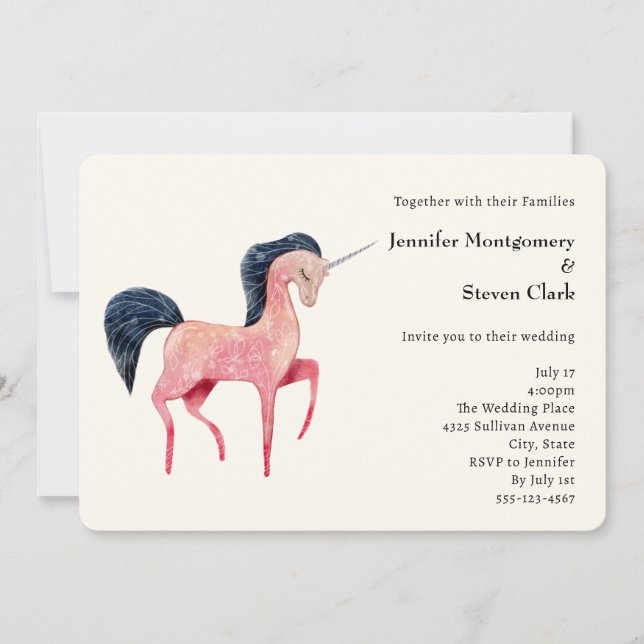 Invitation Unicorne nordique rose avec Mariage Mane noir (Devant)