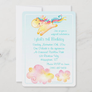 Invitation Unicorne Pastel Rainbow avec nuages doux