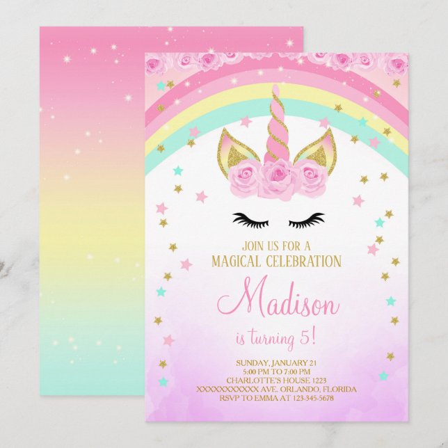 Invitation Unicorne Rose Avec Étoiles D'Or (Devant / Derrière)
