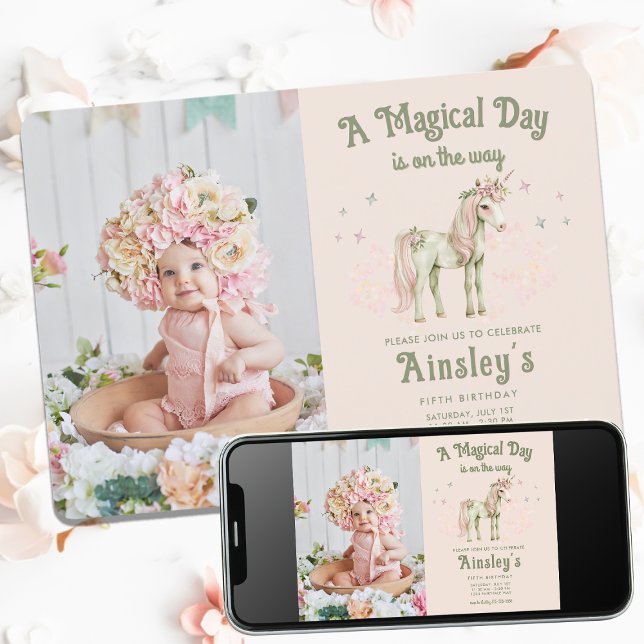 Invitation Unicorne rose enchantée Photo personnalisée Annive (Créateur téléchargé)