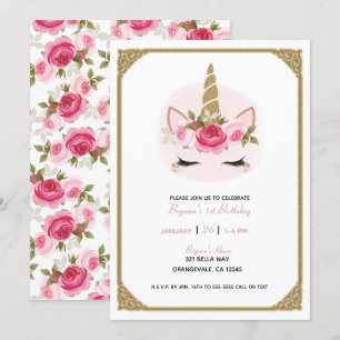Invitation Unicorne Rose et or Fête d'anniversaire des Roses