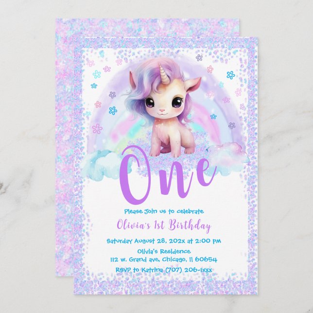 Invitation Unicorne rose et violet 1er anniversaire (Devant / Derrière)