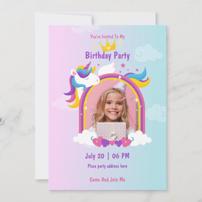 Invitation unicorne rose et violet mignonne photo personnalis (Devant)