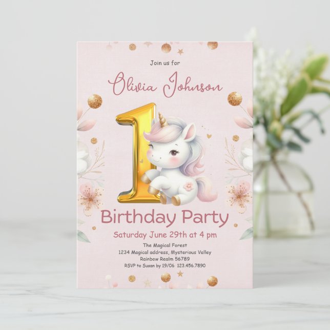 Invitation Unicorne rose fille 1er anniversaire (Debout devant)