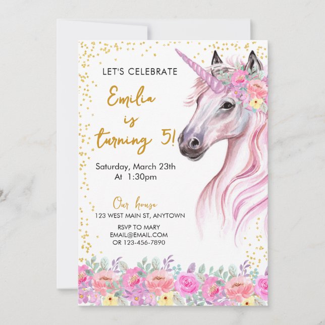 Invitation Unicorne rose floral (Devant)