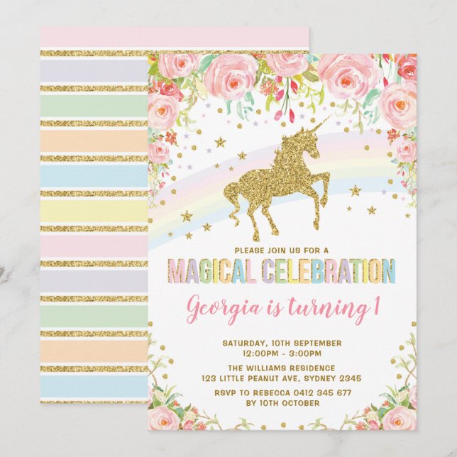 Invitation Unicorne rose floral magique Anniversaire Rainbow  (Devant / Derrière)