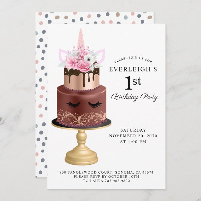 Invitation Unicorne Rose Gold Chocolate Gâteau 1er anniversai (Devant / Derrière)