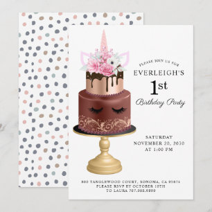 Invitation Unicorne Rose Gold Chocolate Gâteau 1er anniversai
