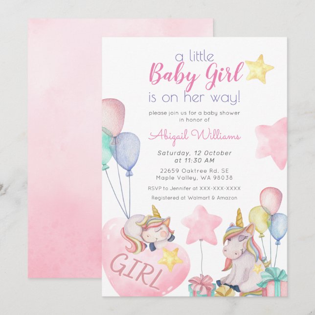 Invitation Unicorne rose, Gold Star, Baby shower fille ballon (Devant / Derrière)