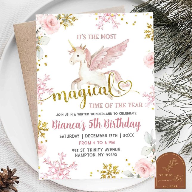 Invitation Unicorne rose magique Floral Winter Birthday Girl  (Créateur téléchargé)