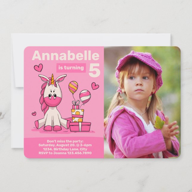 Invitation Unicorne rose mignonne Photo Anniversaire (Devant)