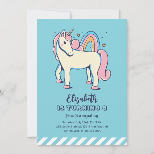 Invitation Unicorne rose mignonne Rainbow Blue Girl Anniversa (Devant)